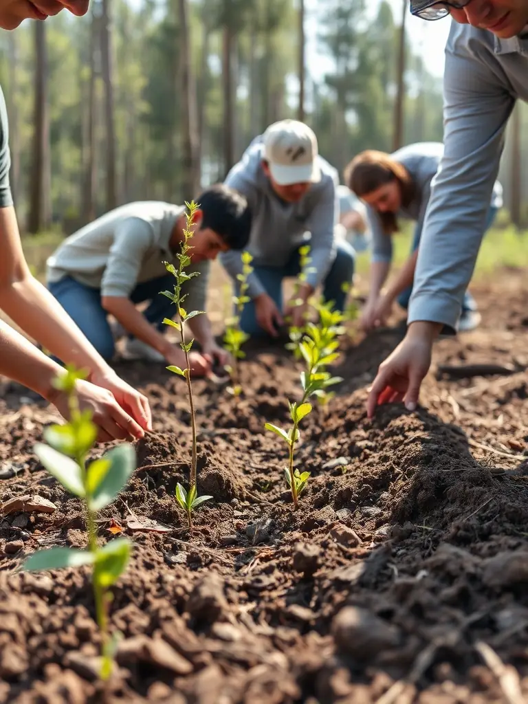 An image of ACCAQ volunteers planting trees as part of a habitat restoration project in a local forest, emphasizing conservation efforts.