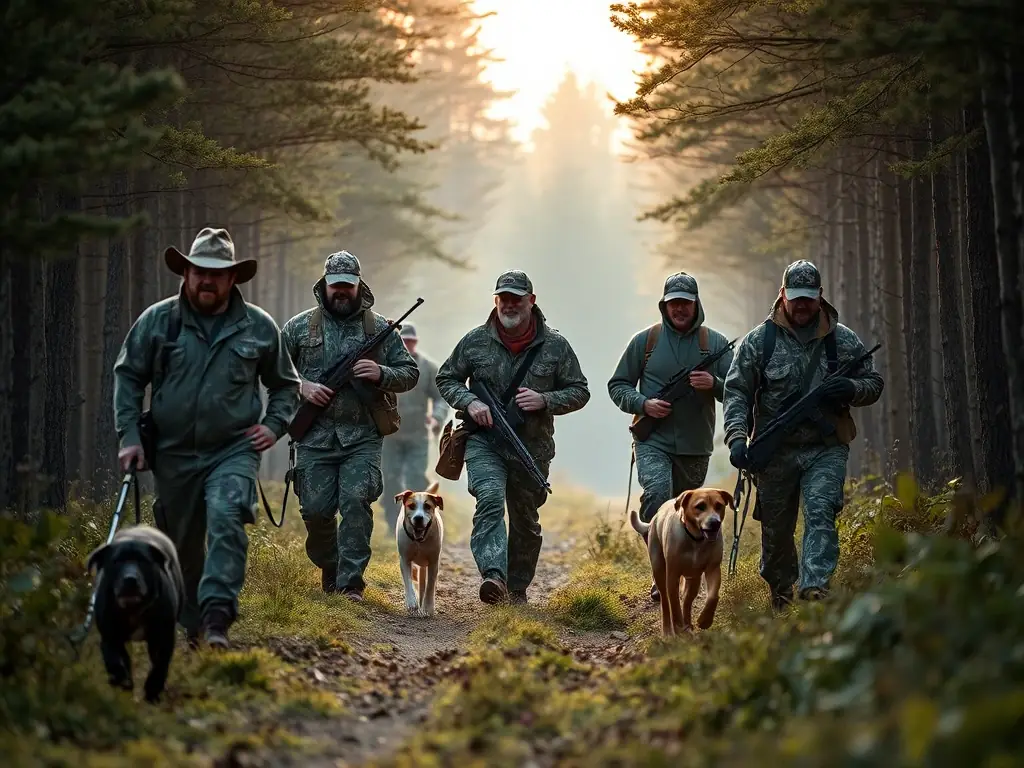 A photograph capturing a group of hunters in camouflage gear, walking through a dense forest during a hunting expedition organized by ACCAQ. The image should convey a sense of adventure and camaraderie.